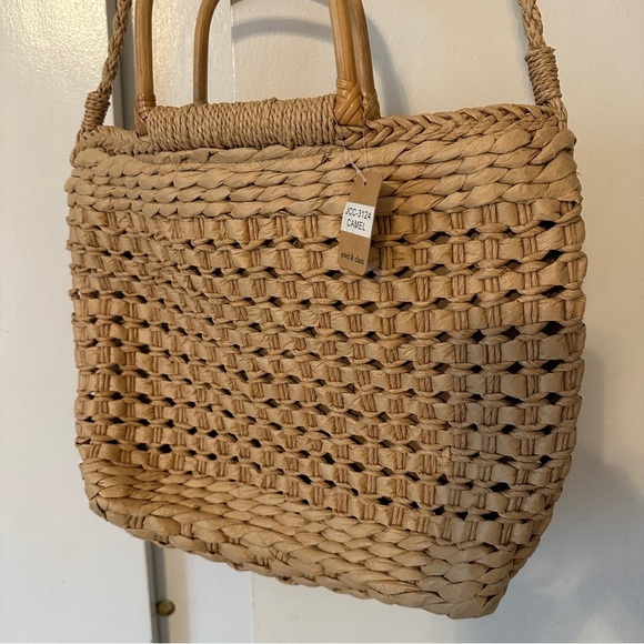 New Jewel & Clara Camel bamboo handle long straps woven straw bag lined - Picture 3 of 10